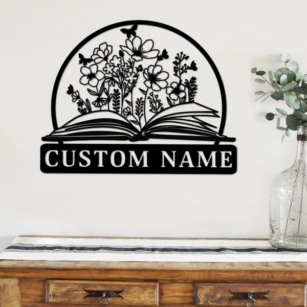 Book and Flowers Art Wall Decor Personalized Book Lover Metal Sign Library Wall Decor