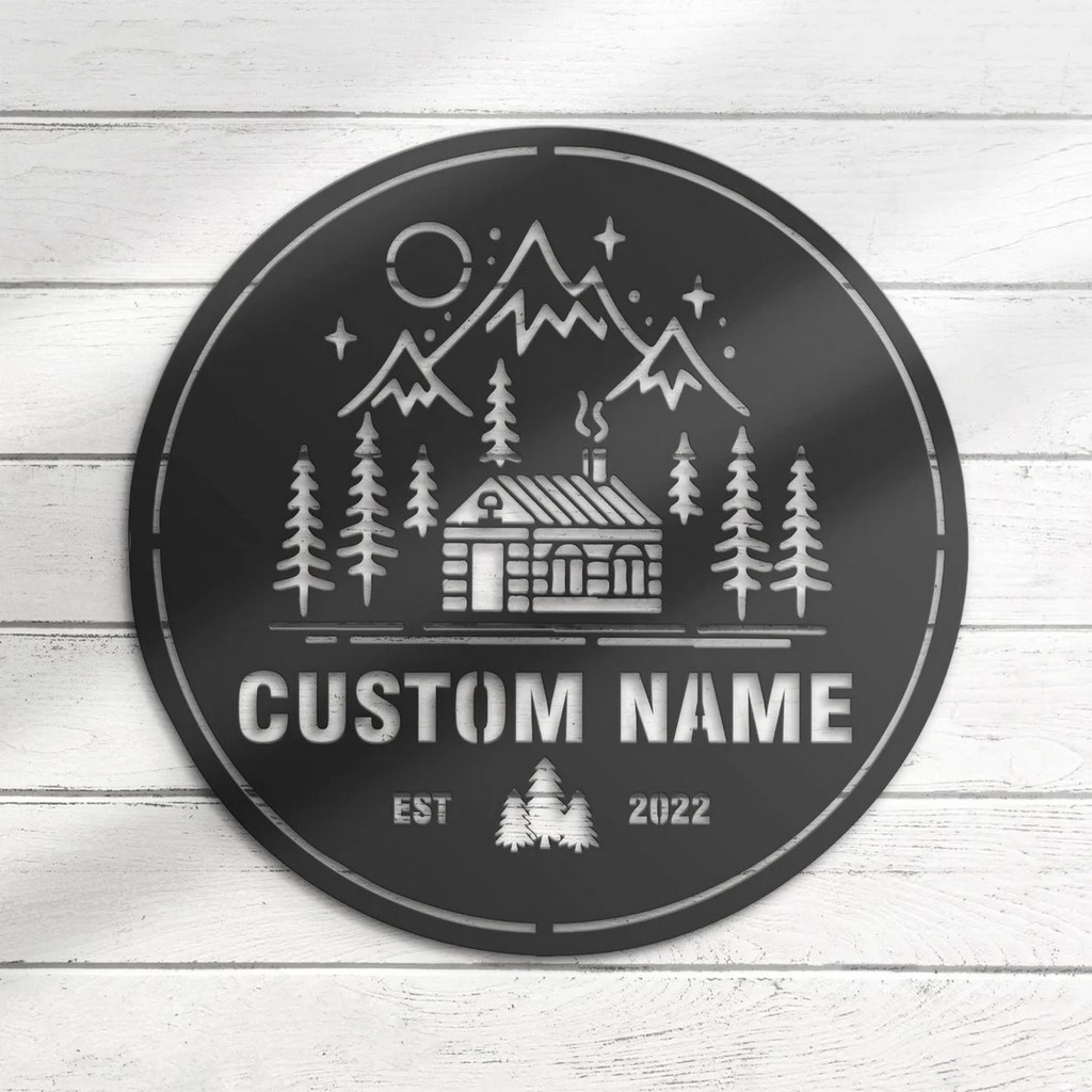 Cabin Life Metal Wall Art Personalized Metal Name Sign Mountain Forest Camping Sign Decor Home