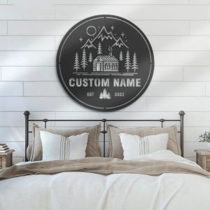 Cabin Life Metal Wall Art Personalized Metal Name Sign Mountain Forest Camping Sign Decor Home 3