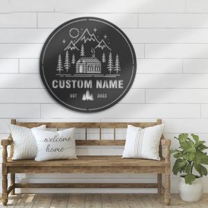 Cabin Life Metal Wall Art Personalized Metal Name Sign Mountain Forest Camping Sign Decor Home 4
