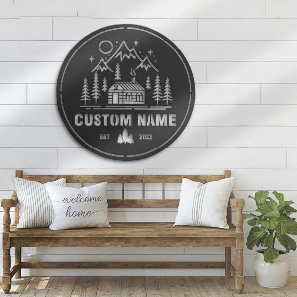 Cabin Life Metal Wall Art Personalized Metal Name Sign Mountain Forest Camping Sign Decor Home
