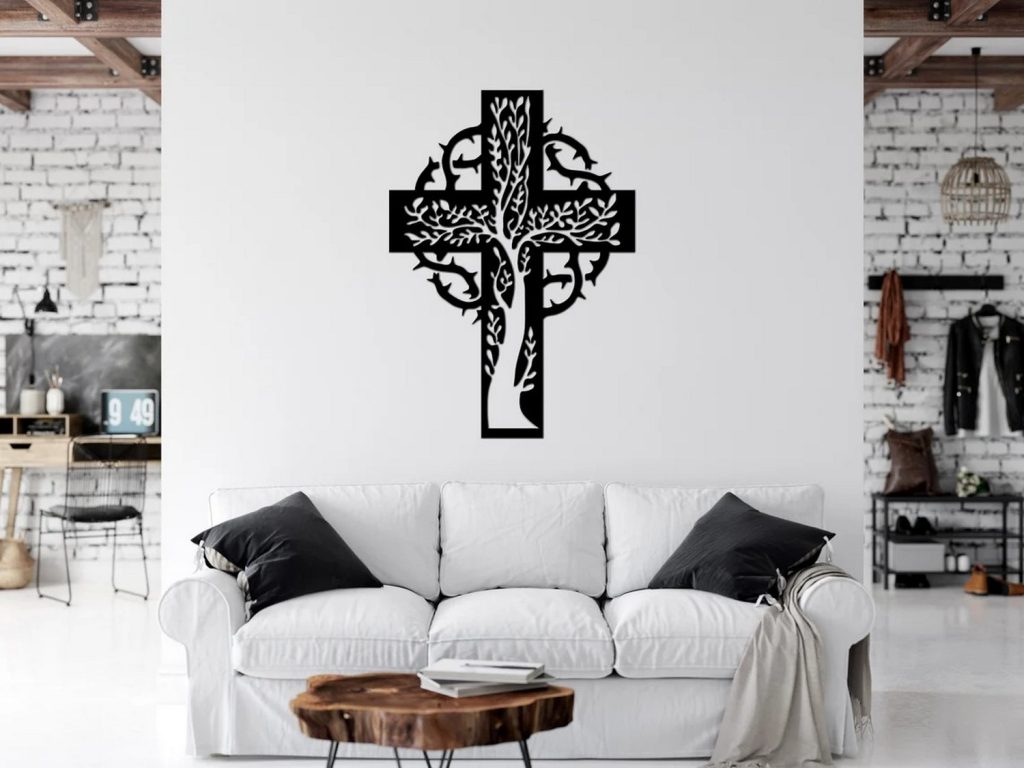 Christian Cross Tree Metal Wall Art Jesus Sign Laser Cut Metal Signs Home Decor