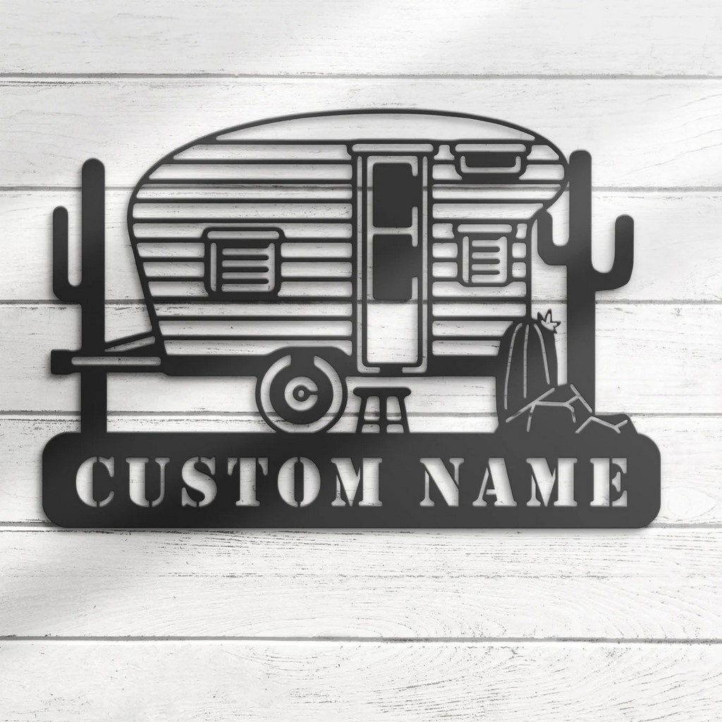 Custom Camping Car Metal Wall Art Personalized Metal Name Signs Happy Camper Van Sign Home Decor