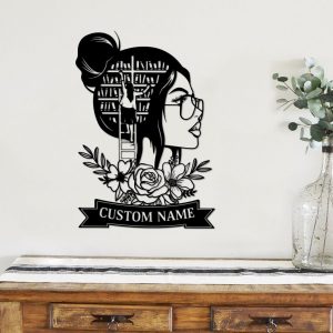 Custom Library Girl Book metal Sign Personalized Metal Name Signs Book and Flower Art Library Wall Decor