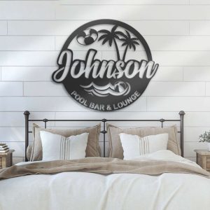 Custom Palm Tree Pool Family Metal Wall Art Personalized Tropical Patio Name Sign Home Decor Backyard Beach House 2