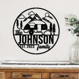 Family Camping Car Vintage Trailer Metal Wall Art Custom Laser Cut Metal Signs Happy Camper Name Sign Camping Decoration Campers Gift 2
