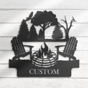 Fire Pit Campfire Metal Wall Art Personalized Metal Name Sign Lake House Decor