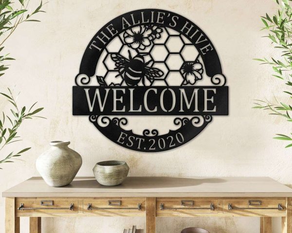 Floral Bee Metal Sign Bee Welcome Yard Sign Honey Bee Farm Decor Personalized Metal Signs Housewarming Gift