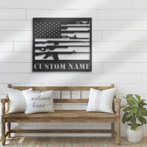 Gun American Flag Metal Wall Art Personalized Metal Name Sign Patriots Day Decoration