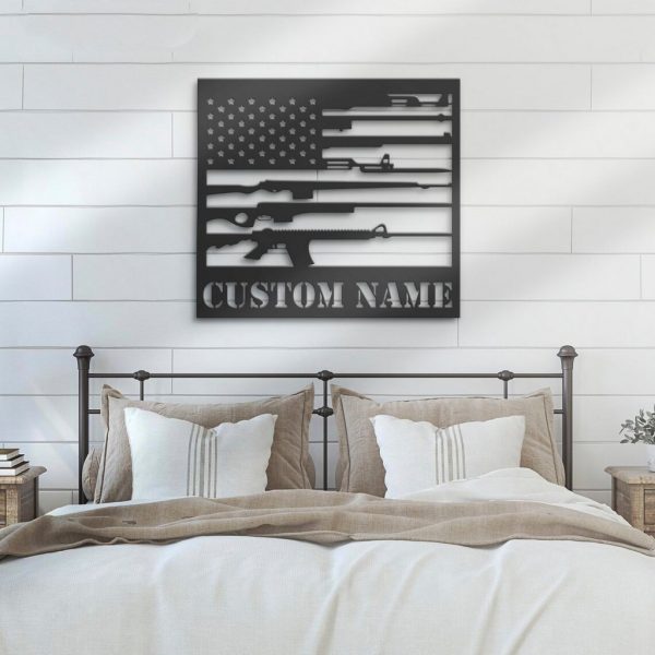 Gun American Flag Metal Wall Art Personalized Metal Name Sign Patriots Day Decoration
