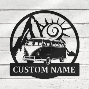 Hippie Camping Van Metal Wall Art Personalized Metal Name Sign RVs Camper Van Camping Sign Decor Home 1