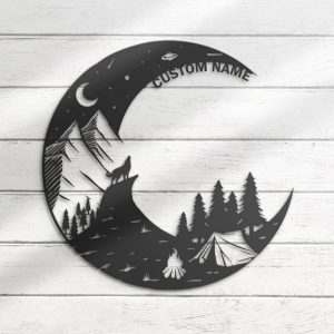 Howling Wolf On The Moon Metal Art Personalized Metal Name Sign Campfire Camping Sign Decor for Room 1
