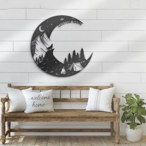 Howling Wolf On The Moon Metal Art Personalized Metal Name Sign Campfire Camping Sign Decor for Room 3
