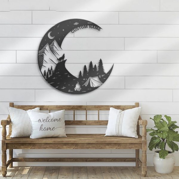 Howling Wolf On The Moon Metal Art Personalized Metal Name Sign Campfire Camping Sign Decor for Room Funny Camping Signs