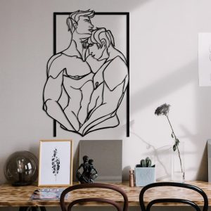 Hugging Gay Couple Line Art Metal Wall Decor LGBTQ Support Gift