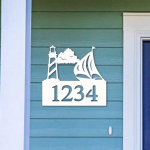 Lighthouse and Saiboat Personalized House Number Sign Custom Address Signs Outdoor Decor 1
