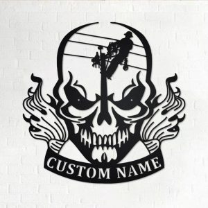 Lineman Skull Metal Art Personalized Metal Name Sign Custom Lineman Name Sign Gift for Dad