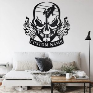 Lineman Skull Metal Art Personalized Metal Name Sign Custom Lineman Name Sign Gift for Dad