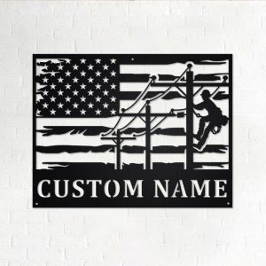 Lineman USA Flag Metal Art Personalized Metal Name Signs Decor Home Lineman Gifts for Dad