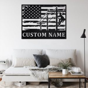Lineman USA Flag Metal Art Personalized Metal Name Signs Decor Home Lineman Gifts for Dad 2
