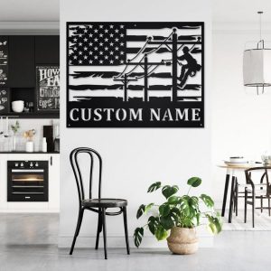 Lineman USA Flag Metal Art Personalized Metal Name Signs Decor Home Lineman Gifts for Dad 3