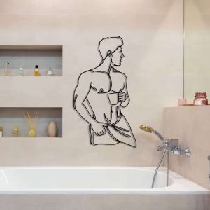 Male Portrait Bathroom Wall Art Man in Towel Drinking Coffee Line Art Minimalist Bathroom Art
