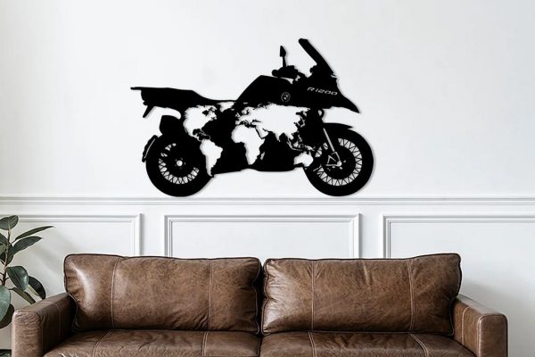 Motorcycle With World Map Metal Art BMW R1200 Laser Cut Metal Sign Home Decor