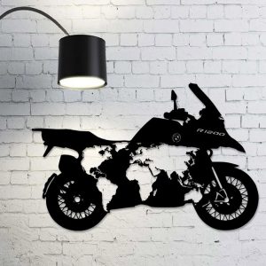 Motorcycle With World Map Metal Art BMW R1200 Laser Cut Metal Sign Home Decor