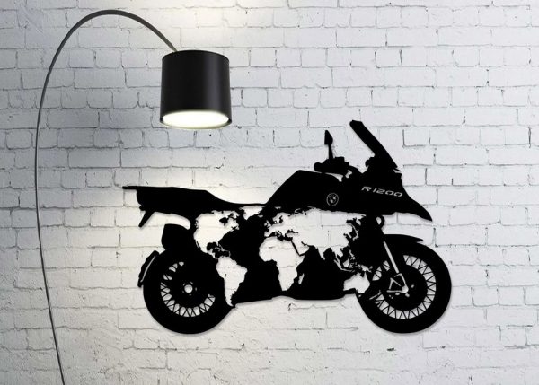 Motorcycle With World Map Metal Art BMW R1200 Laser Cut Metal Sign Home Decor