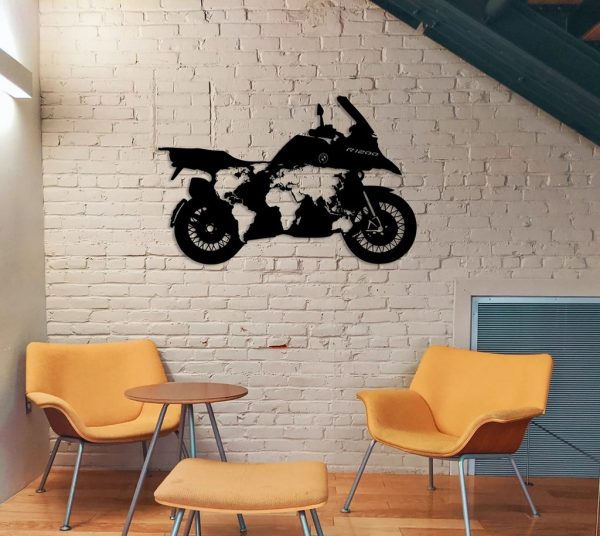 Motorcycle With World Map Metal Art BMW R1200 Laser Cut Metal Sign Home Decor