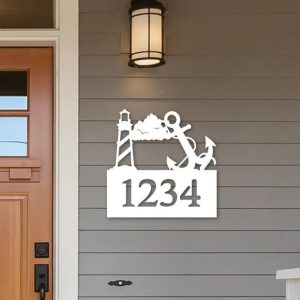 Personalized House Number Sign With Lighhouse and Anchor Custom Address Sign Outdoor Decor