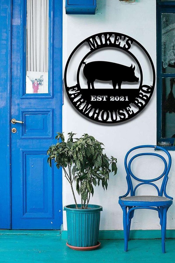 Personalized Metal Signs Pig BBQ Smoke House Custom Name Classical Cut Metal Sign Backyard Bar And Grill BBQ Decor Sign