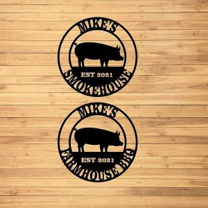 Personalized Metal Signs Pig BBQ Smoke House Custom Name Classical Cut Metal Sign Backyard Bar And Grill BBQ Decor Sign 3
