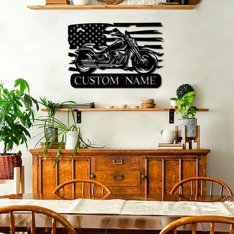 Personalized Motorcycle Wall Art USA Flag Sign, Motorcycle Metal Art, Bike Lover Gift, Harley Davidson