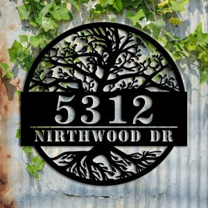 Personalized Tree Modern House Number Sign with Address Name Custom Outdoor Metal Signs