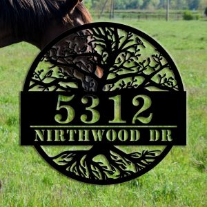 Personalized Tree Modern House Number Sign with Address Name Custom Outdoor Metal Signs 2