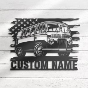US Bus Camping Car Metal Wall Art Personalized Metal Name Sign Hippie Campng Van Sign Home Decor 1