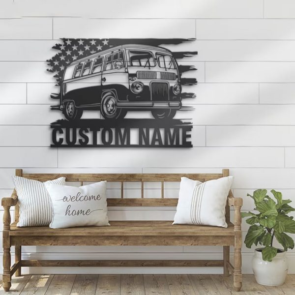 US Bus Camping Car Metal Wall Art Personalized Metal Name Sign Hippie Camping Van Sign Home Decor