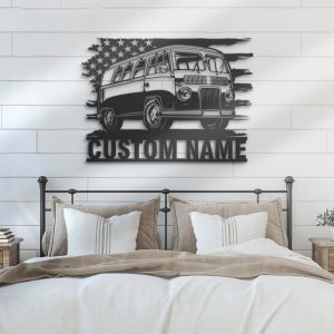 US Bus Camping Car Metal Wall Art Personalized Metal Name Sign Hippie Campng Van Sign Home Decor 3