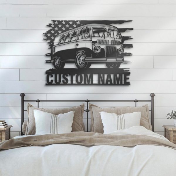 US Bus Camping Car Metal Wall Art Personalized Metal Name Sign Hippie Camping Van Sign Home Decor