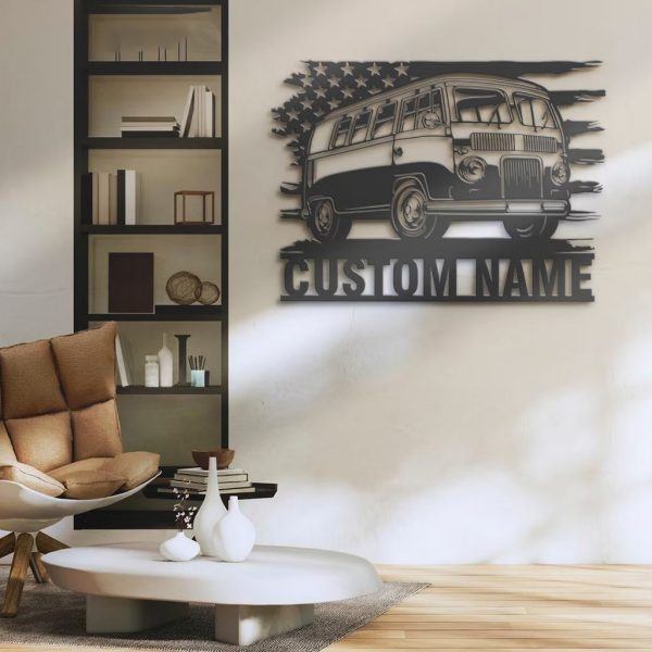 US Bus Camping Car Metal Wall Art Personalized Metal Name Sign Hippie Camping Van Sign Home Decor
