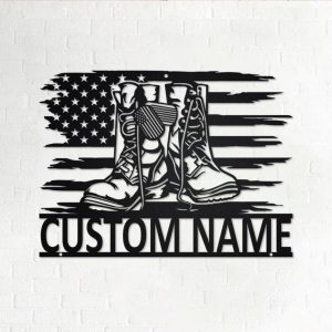 US Combat Boots Metal Wall Art Personalized Metal Name Signs Gift for Veteran Home Decor 1