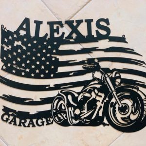 US Flag Motorcycle Metal Art Personalized Metal Name Sign Mancave Decor Gift for Biker