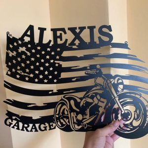US Flag Motorcycle Metal Art Personalized Metal Name Sign Mancave Decor Gift for Biker