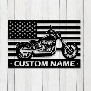 US Flag Motorcycle Metal Art Personalized Metal Name Signs Garage Decor Gift for Biker 1