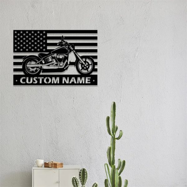 US Flag Motorcycle Metal Art Personalized Metal Name Signs Garage Decor Gift for Biker