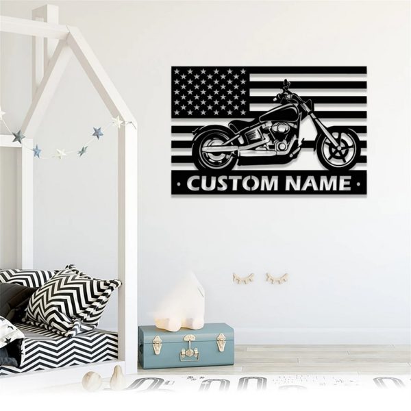 US Flag Motorcycle Metal Art Personalized Metal Name Signs Garage Decor Gift for Biker