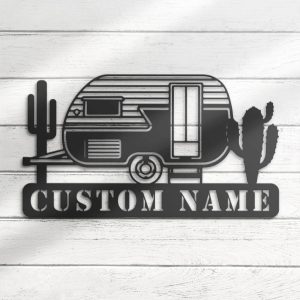 Vintage Trailer With Catus Metal Wall Art Personalized Metal Name Sign Camping Sign Home Decor 1