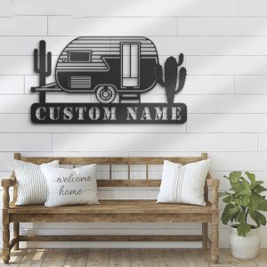 Vintage Trailer With Catus Metal Wall Art Personalized Metal Name Sign Camping Sign Home Decor