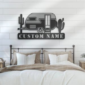 Vintage Trailer With Catus Metal Wall Art Personalized Metal Name Sign Camping Sign Home Decor 3